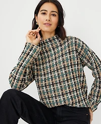 Ann Taylor Petite Tweedy Funnel Neck Sweater Size 2XS Teal Multi Women's