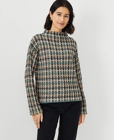 Ann Taylor Petite Tweedy Funnel Neck Sweater Size 2XS Teal Multi Women's