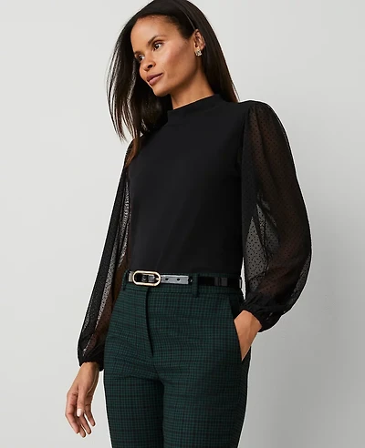 Ann Taylor Mock Neck Flocked Dot Sleeve Top Size Medium Black Women's