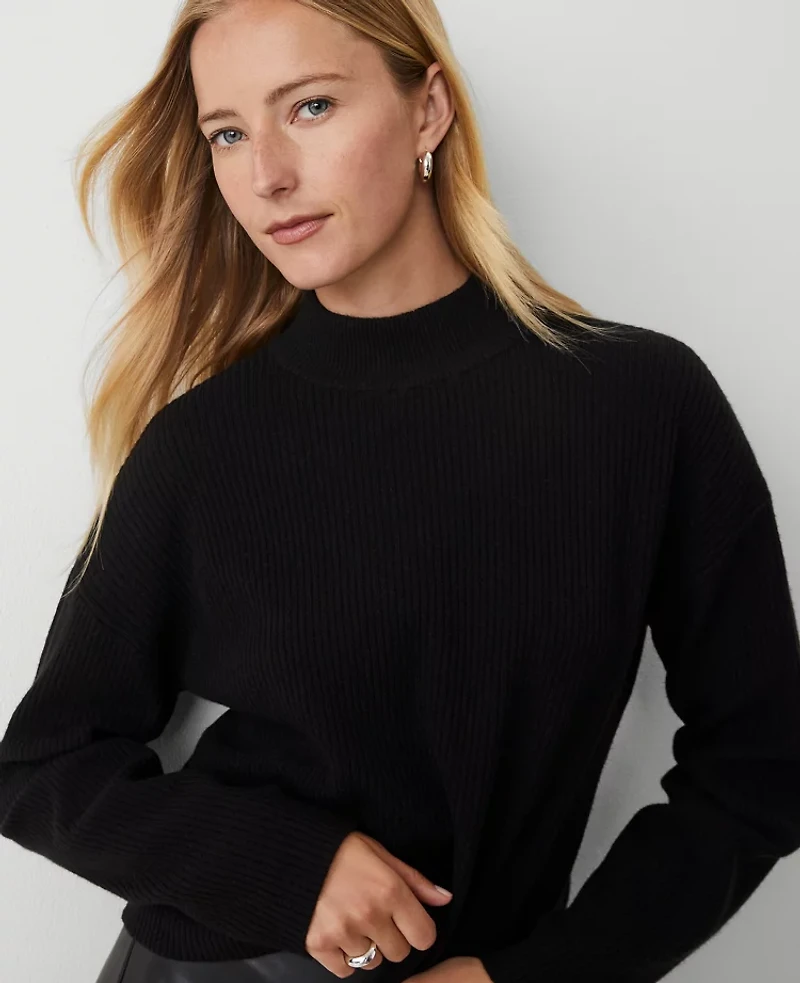 Ann Taylor Mock Neck Ribbed Sweater Size XL Black Women's
