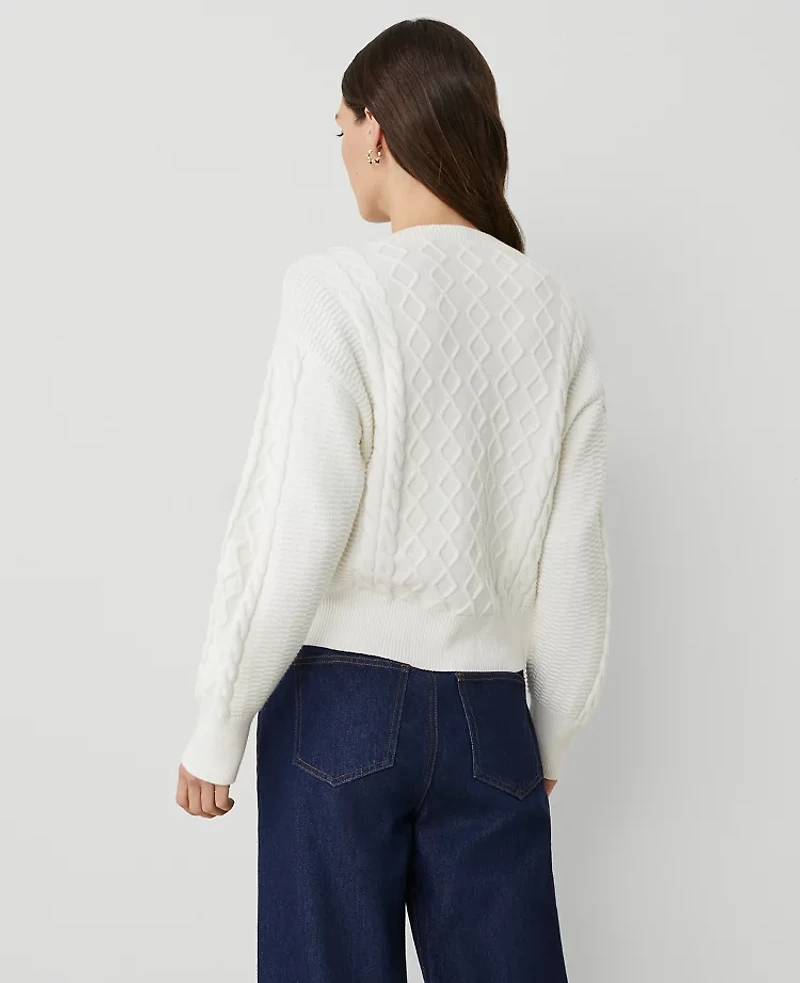 Ann Taylor Weekend Collection Cable Henley Sweater Winter White Women's