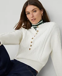 Ann Taylor Weekend Collection Cable Henley Sweater Winter White Women's