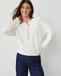 Ann Taylor Weekend Collection Cable Henley Sweater Winter White Women's