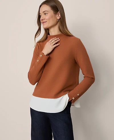Ann Taylor Petite Mixed Media Mock Neck Top Spiced Cider Women's