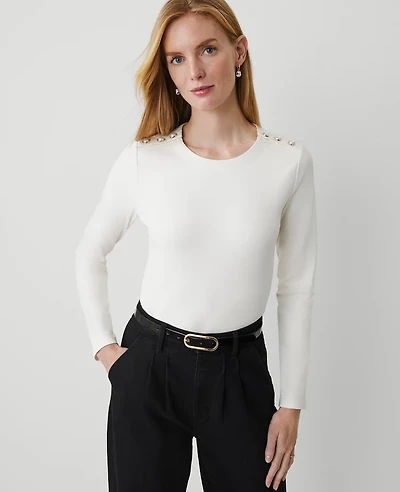 Ann Taylor Button-Shoulder Ponte Top Winter White Women's
