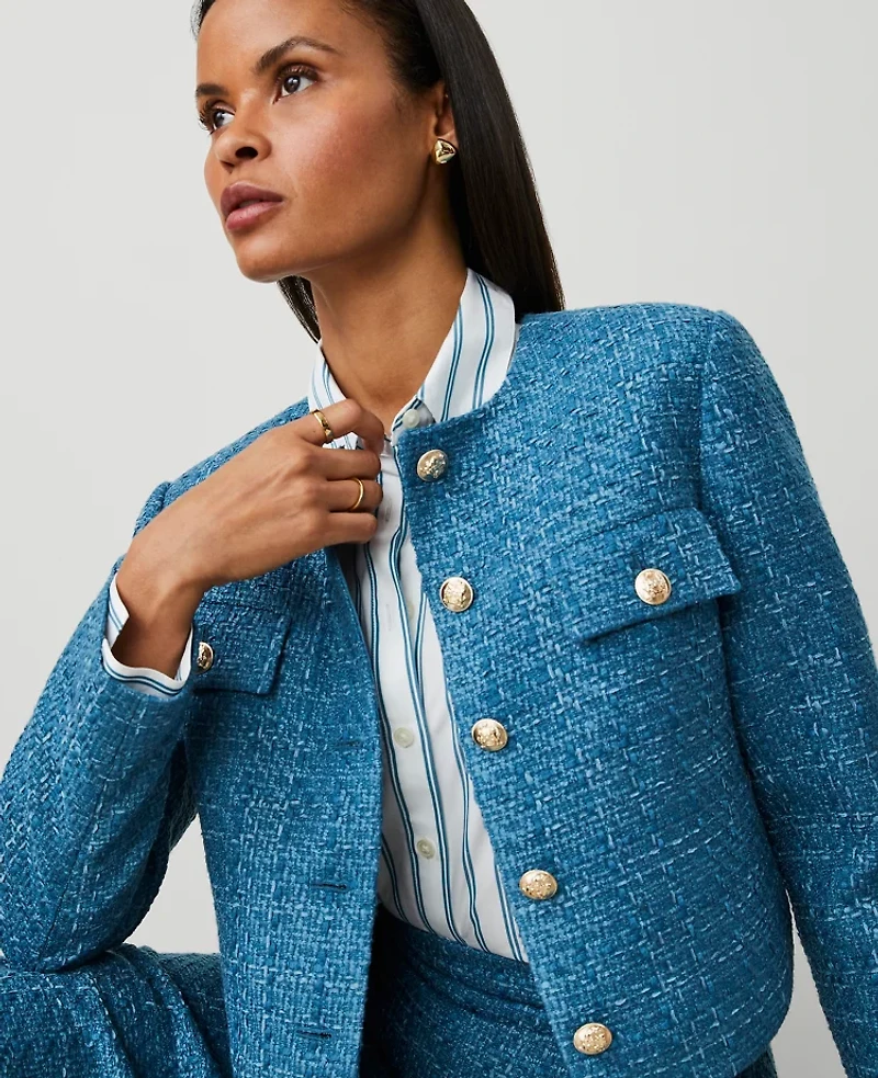 Ann Taylor Tweed Crew Neck Jacket Size 0 Balmy Blue Women's