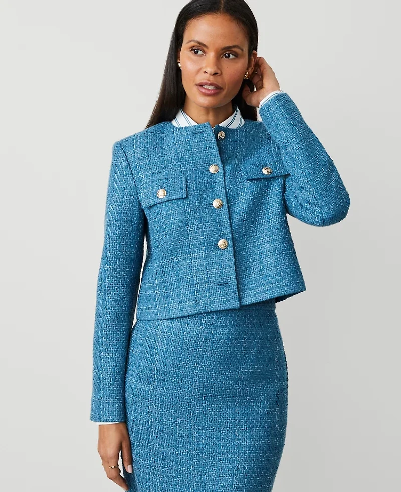 Ann Taylor Tweed Crew Neck Jacket Size 0 Balmy Blue Women's