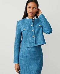 Ann Taylor Tweed Crew Neck Jacket Size 0 Balmy Blue Women's