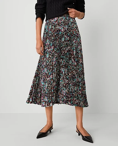 Ann Taylor Petite Paisley Pleated Midi Skirt Size 0 Black Women's