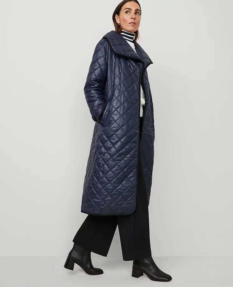 Ann Taylor Weekend Collection Quilted Drape Collar Belted Puffer Coat Size XS Night Sky Women's
