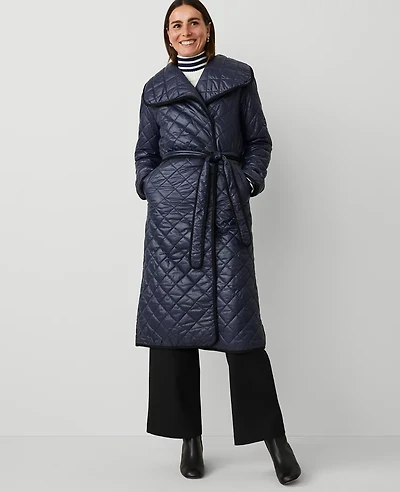 Ann Taylor Weekend Collection Quilted Drape Collar Belted Puffer Coat Size XS Night Sky Women's