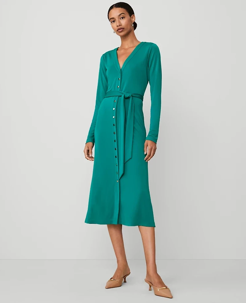Ann Taylor Petite Button V-Neck Flare Knit Midi Dress Size XS Green Marais Women's