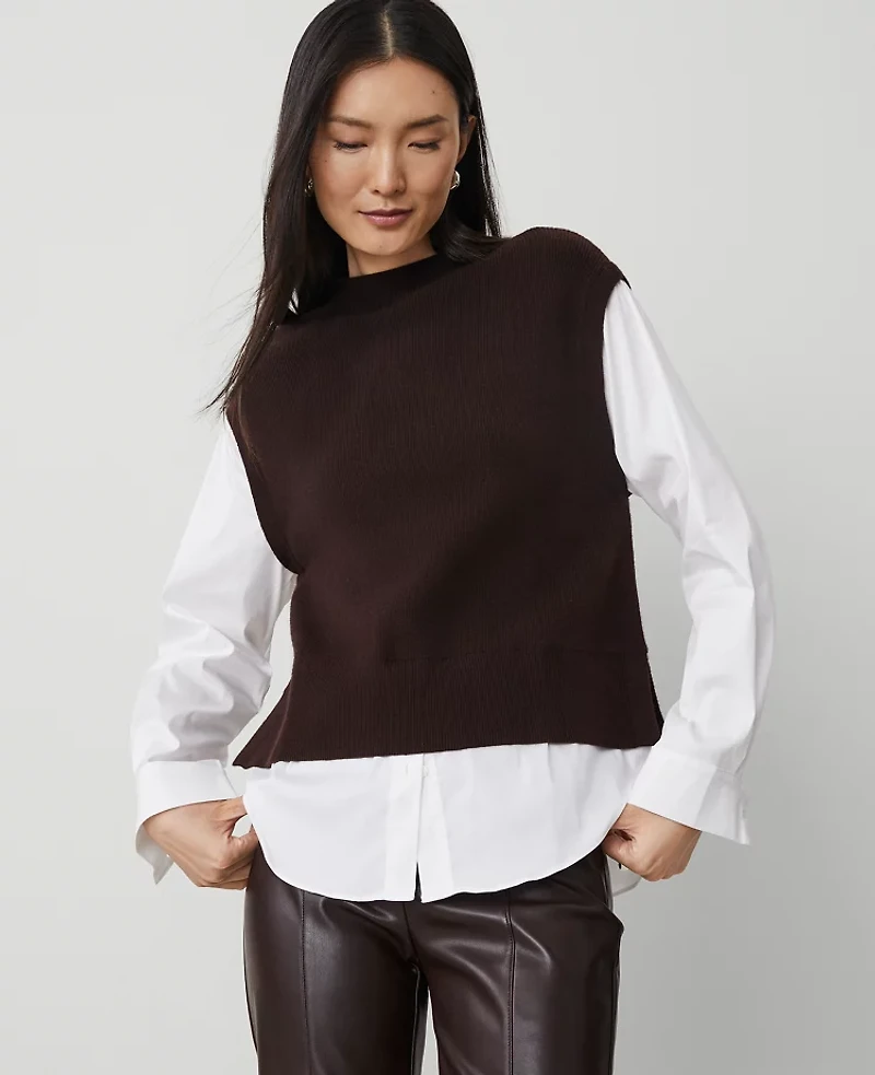 Ann Taylor Mixed Media Sweater Size Large Pure Chocolate Women's