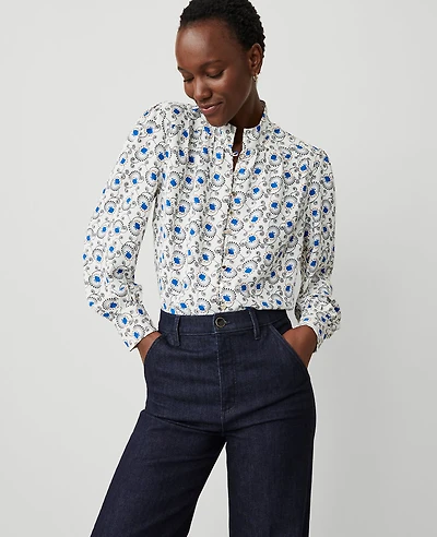 Ann Taylor Floral Multi Button Shirt Size Large Winter White Women's