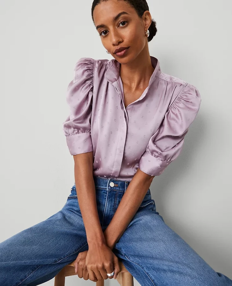 Ann Taylor Satin Clip Shirred Puff Sleeve Top Size 2XL Sunset Lavender Women's