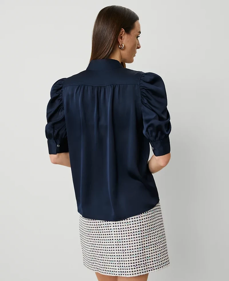 Ann Taylor Shirred Puff Sleeve Top Size Small Night Sky Women's