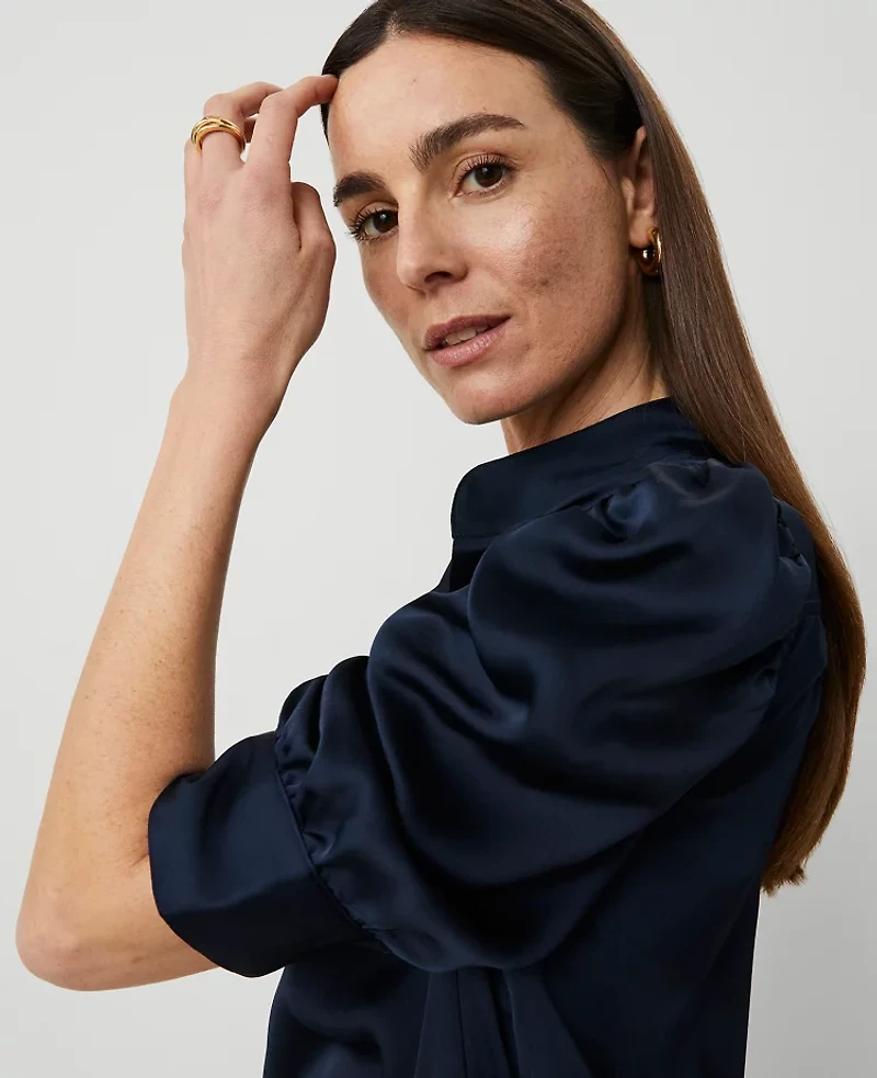 Ann Taylor Shirred Puff Sleeve Top Size Small Night Sky Women's