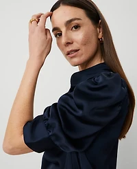 Ann Taylor Shirred Puff Sleeve Top Size Small Night Sky Women's