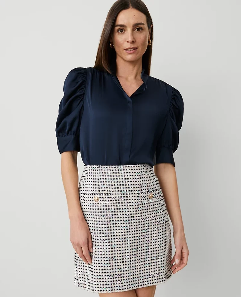 Ann Taylor Shirred Puff Sleeve Top Size Small Night Sky Women's