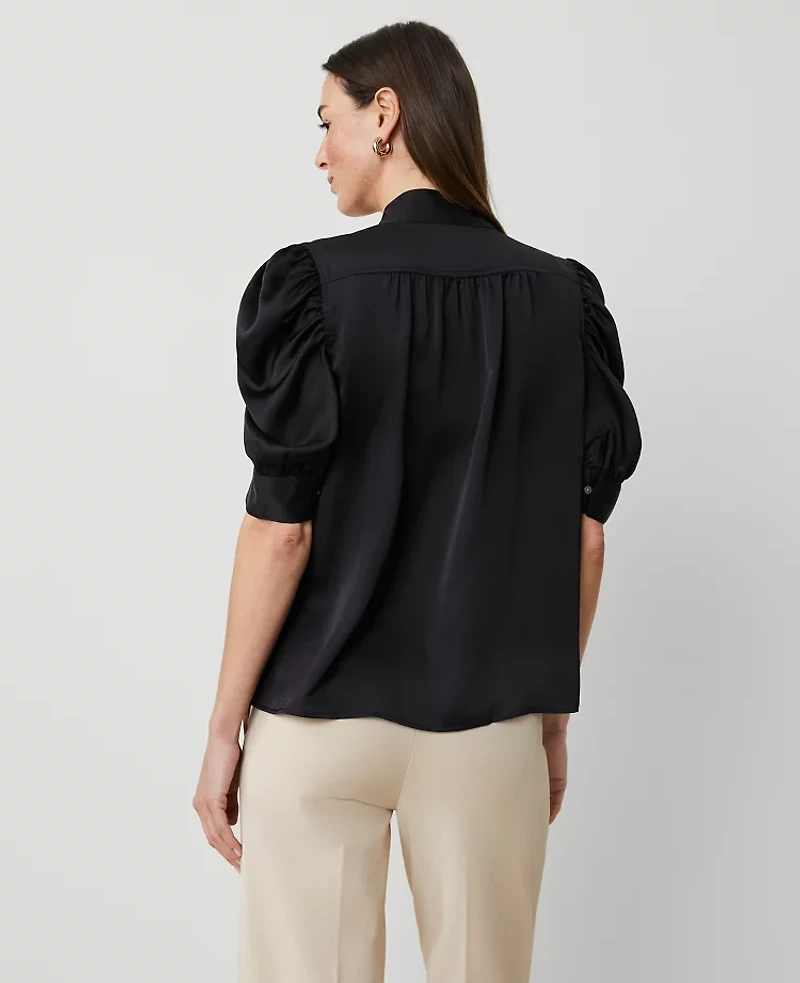 Ann Taylor Shirred Puff Sleeve Top Size Large Black Women's