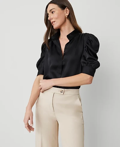 Ann Taylor Shirred Puff Sleeve Top Size Large Black Women's