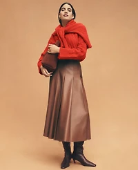 Ann Taylor Petite Faux Leather Pleated Midi Skirt Midnight Mahogany Women's