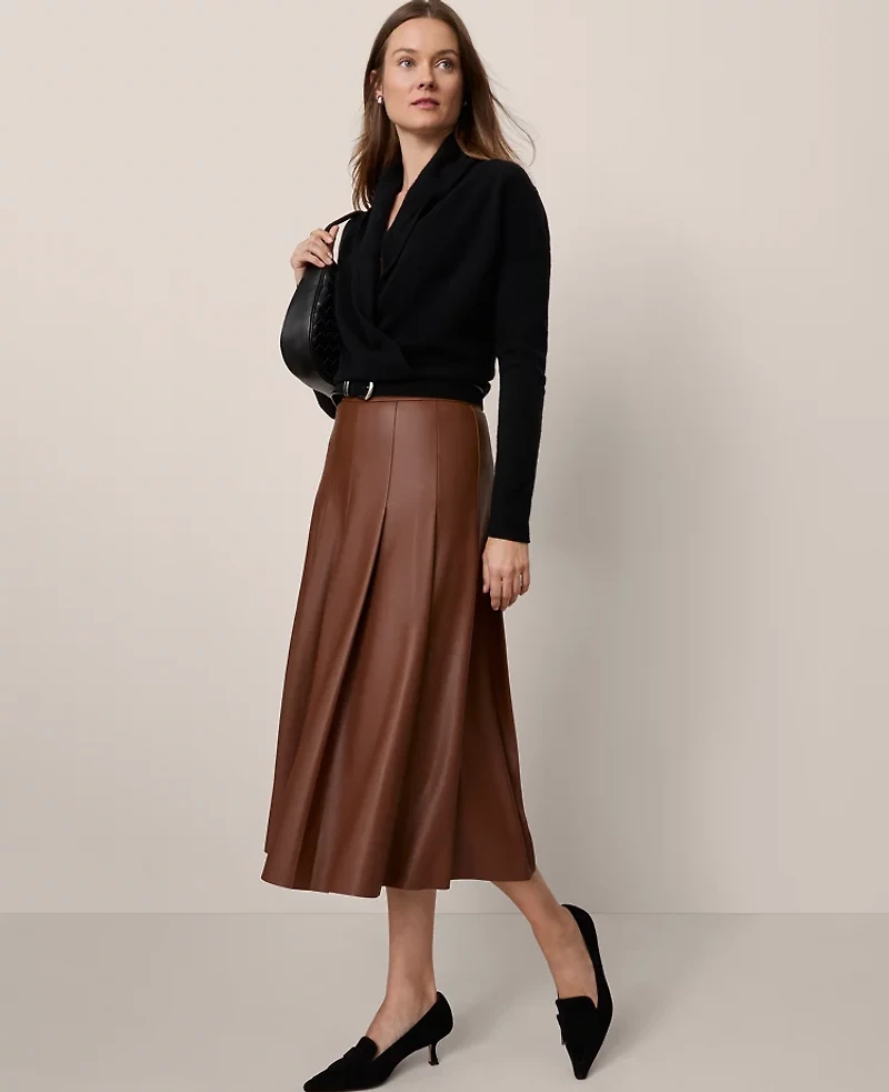 Ann Taylor Petite Faux Leather Pleated Midi Skirt Midnight Mahogany Women's