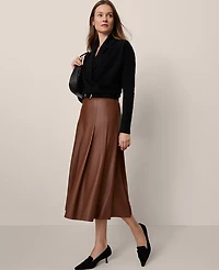 Ann Taylor Petite Faux Leather Pleated Midi Skirt Midnight Mahogany Women's