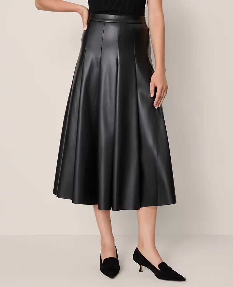 Ann Taylor Petite Faux Leather Pleated Midi Skirt Black Women's