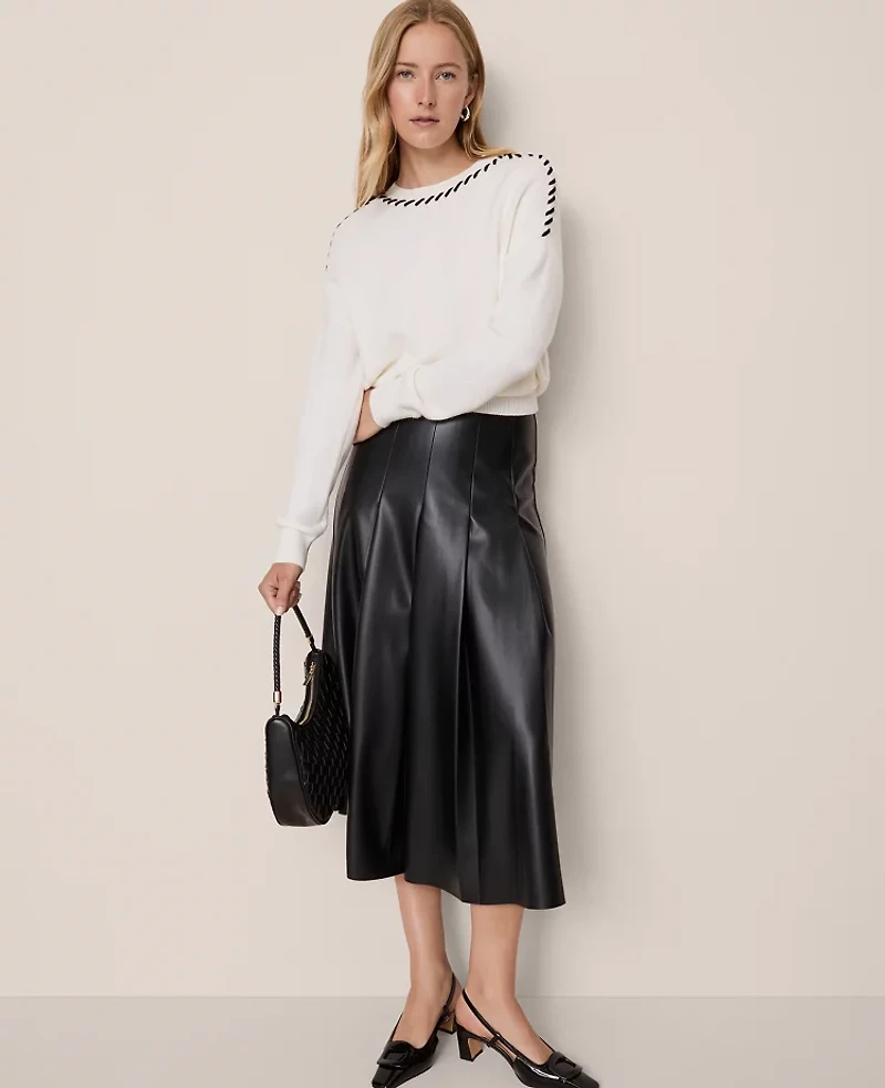 Ann Taylor Petite Faux Leather Pleated Midi Skirt Black Women's