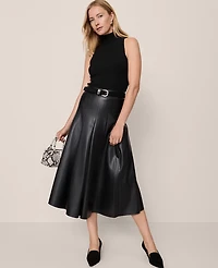 Ann Taylor Petite Faux Leather Pleated Midi Skirt Black Women's