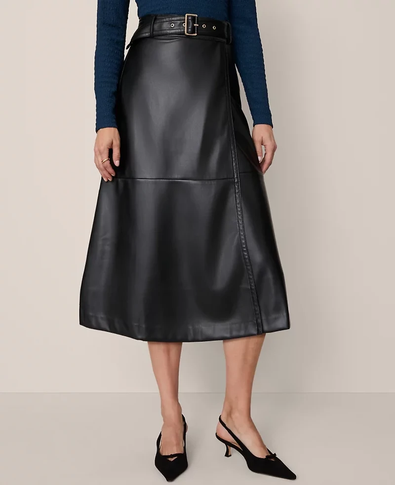 Ann Taylor Petite Faux Leather Belted Wrap Skirt Black Women's