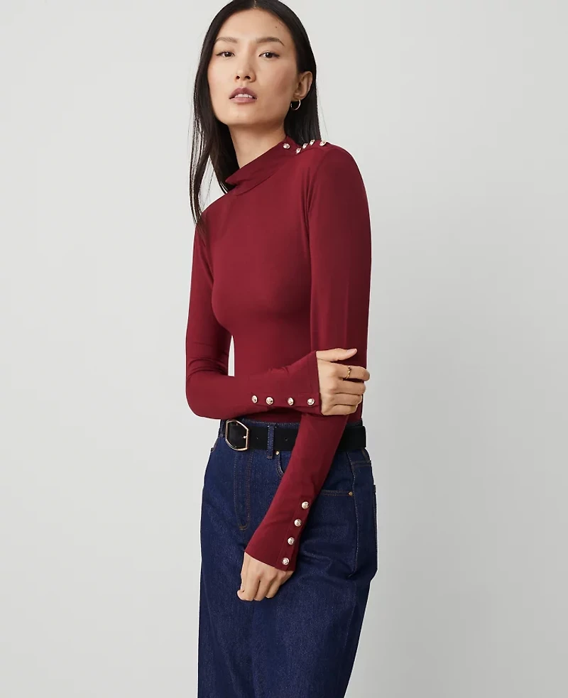 Ann Taylor Petite Mock Neck Button Top Deep Auburn Women's