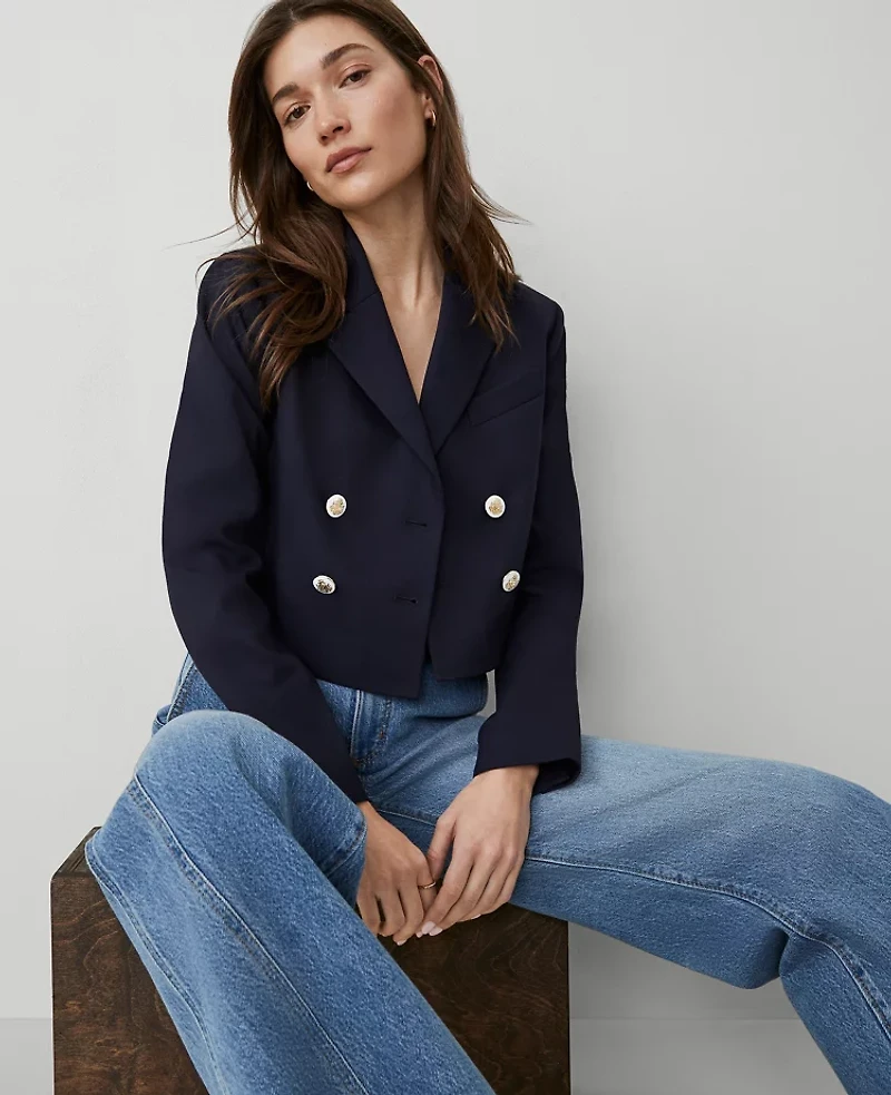 Ann Taylor Cropped Double Breasted Blazer Night Sky Women's