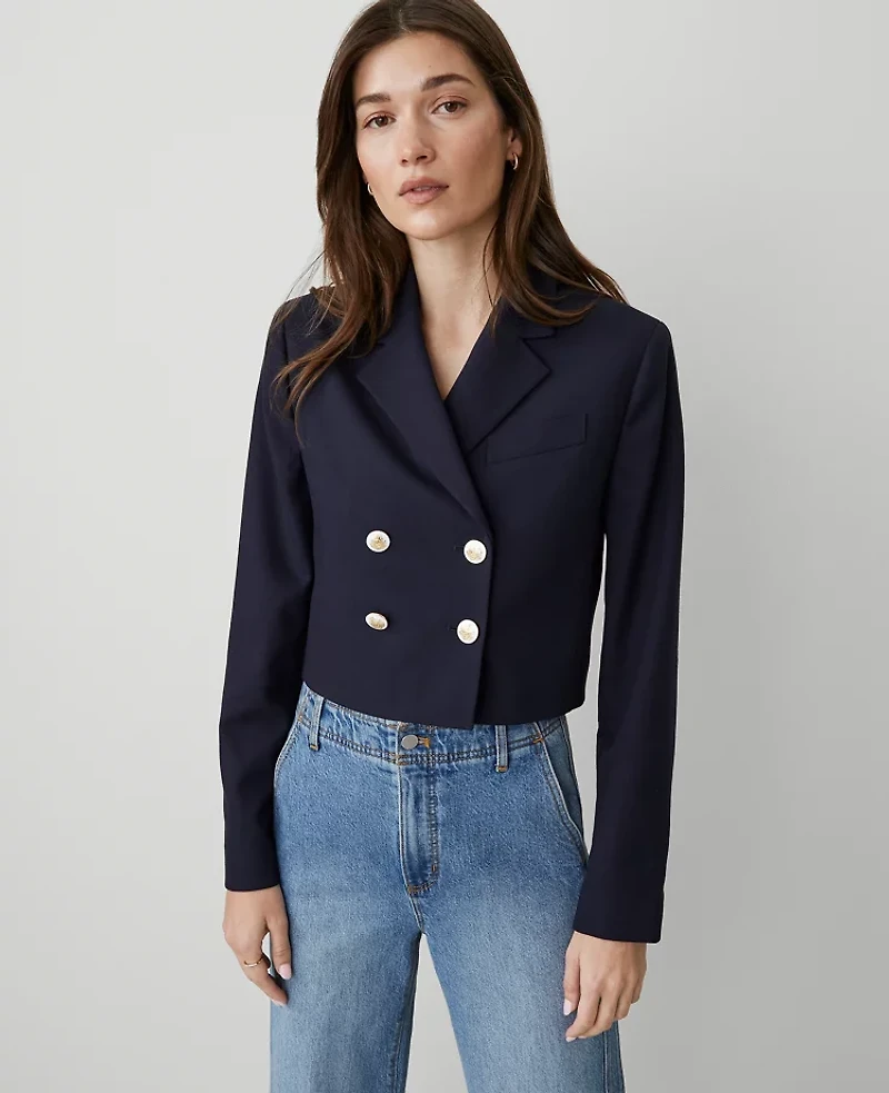 Ann Taylor Cropped Double Breasted Blazer Night Sky Women's