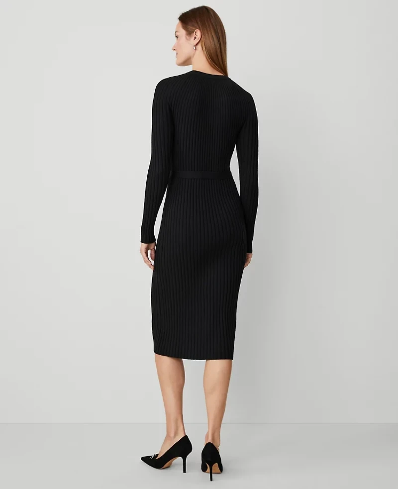 Ann Taylor Petite Ribbed Belted Column Sweater Dress Size Medium Black Women's