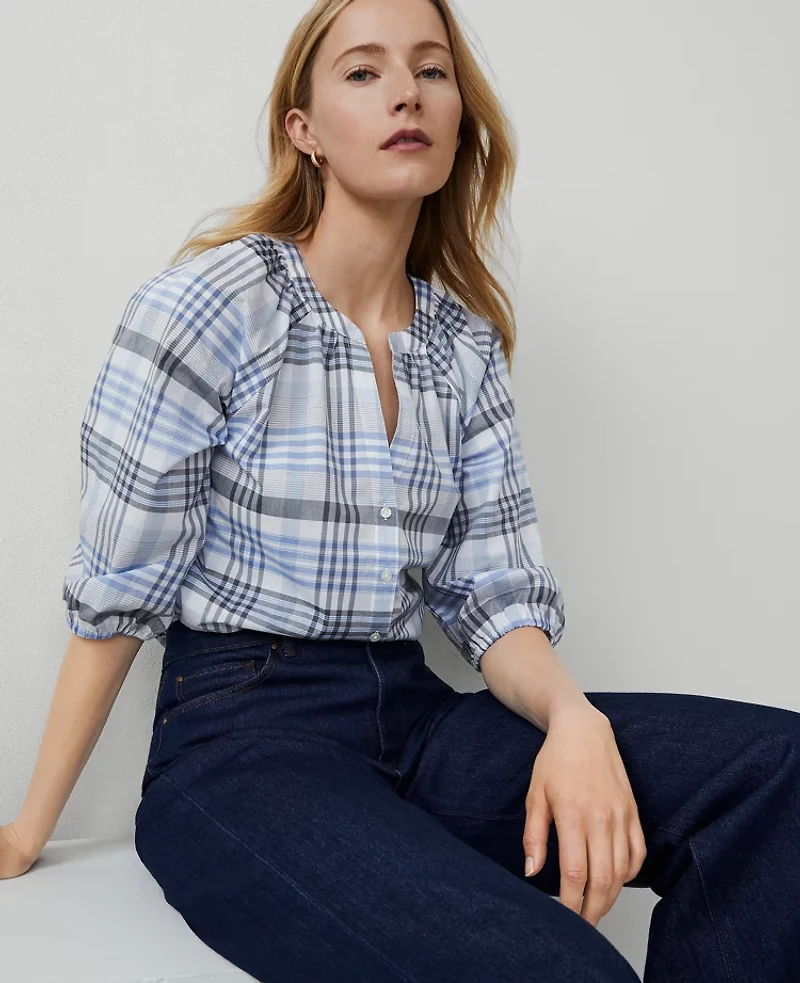 Ann Taylor Weekend Collection Shirred Popover Top Night Sky Women's