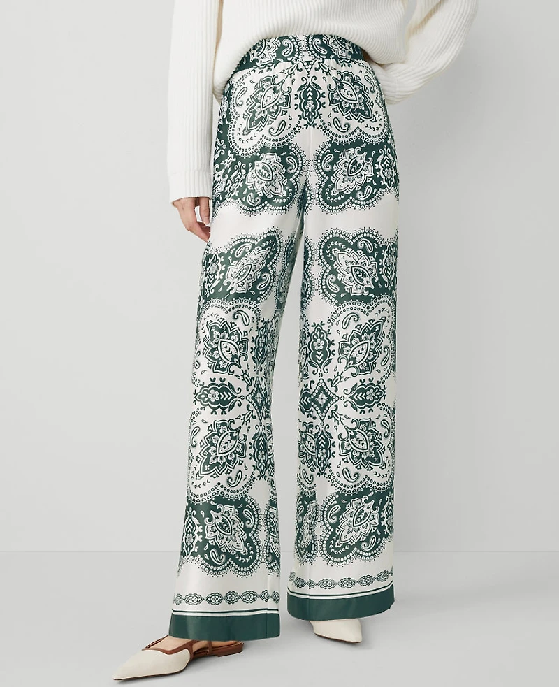 Ann Taylor The Easy Wide-Leg Pant Paisley Satin Dried Cilantro Women's