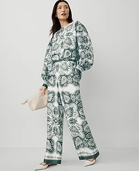 Ann Taylor The Easy Wide-Leg Pant Paisley Satin Dried Cilantro Women's