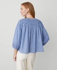 Ann Taylor Striped Smocked Shoulder Top Colony Blue Women's