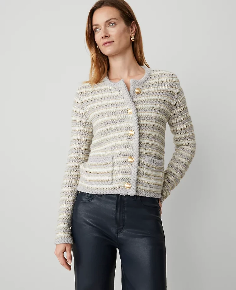 Ann Taylor Petite Lurex Tweed Jacket Size 2XS Ivory/Gold Multi Women's