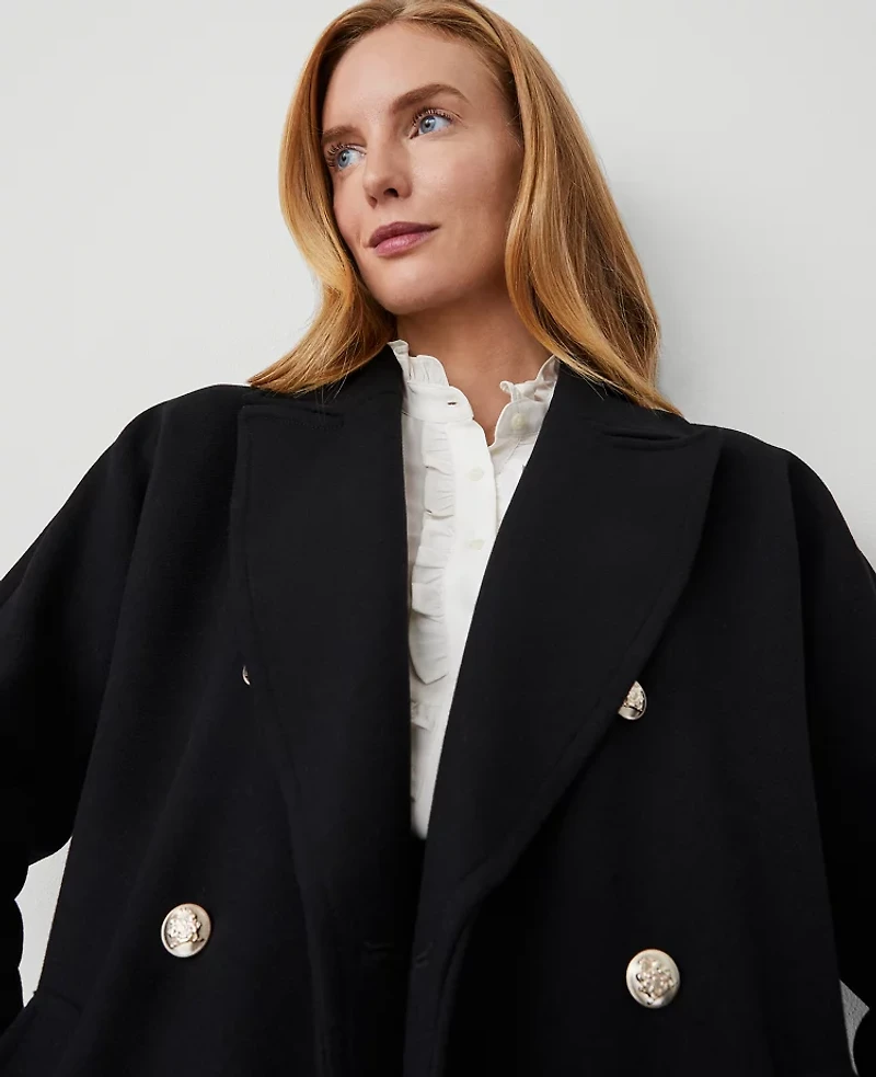 Ann Taylor Petite Double Breasted Dolman Sleeve Coat Size Large Black Women's