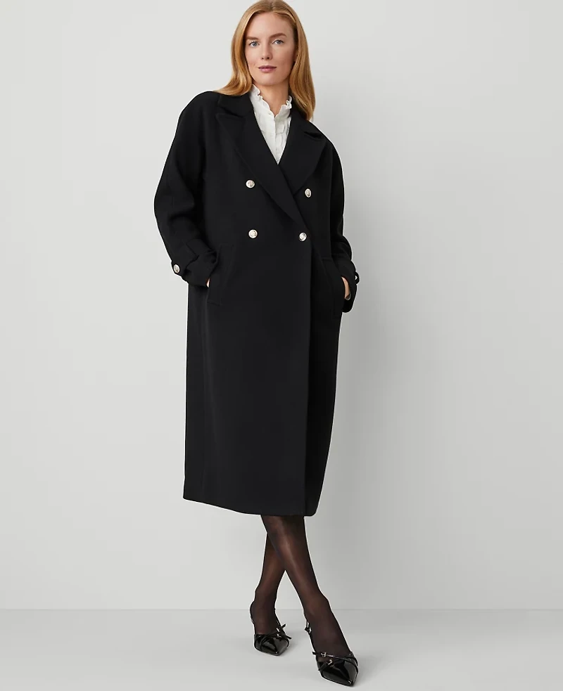 Ann Taylor Petite Double Breasted Dolman Sleeve Coat Size Large Black Women's