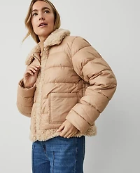 Ann Taylor Petite Weekend Collection Faux Fur Trim Puffer Jacket Size XL Cafe Au Lait Women's