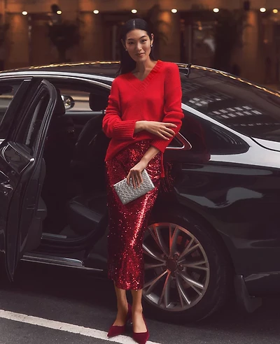 Ann Taylor Petite Sequin Column Midi Skirt Size 8 Gingham Red Women's