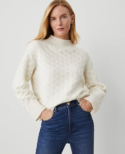Ann Taylor Petite Cashmere Cable Sweater Size XL Pale Ivory Women's