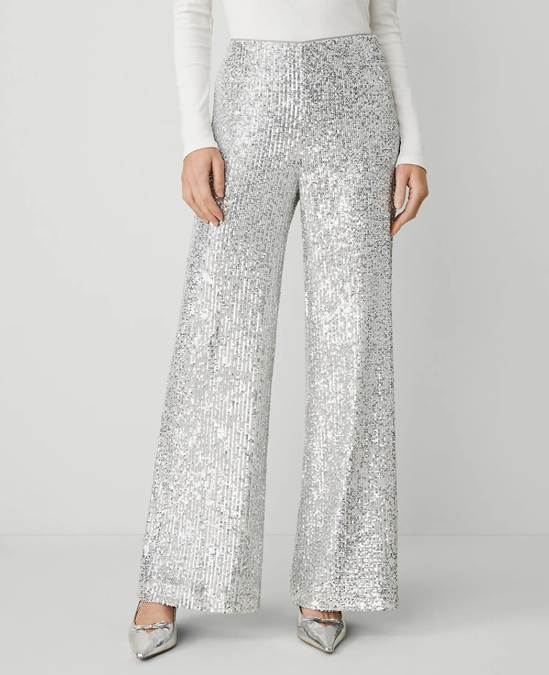 Ann Taylor The Wide-Leg Pant in Sequin Size 0 Silver Spark Women's