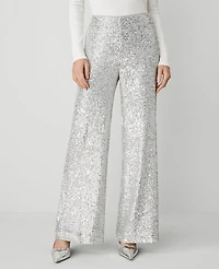 Ann Taylor The Wide-Leg Pant in Sequin Size 0 Silver Spark Women's