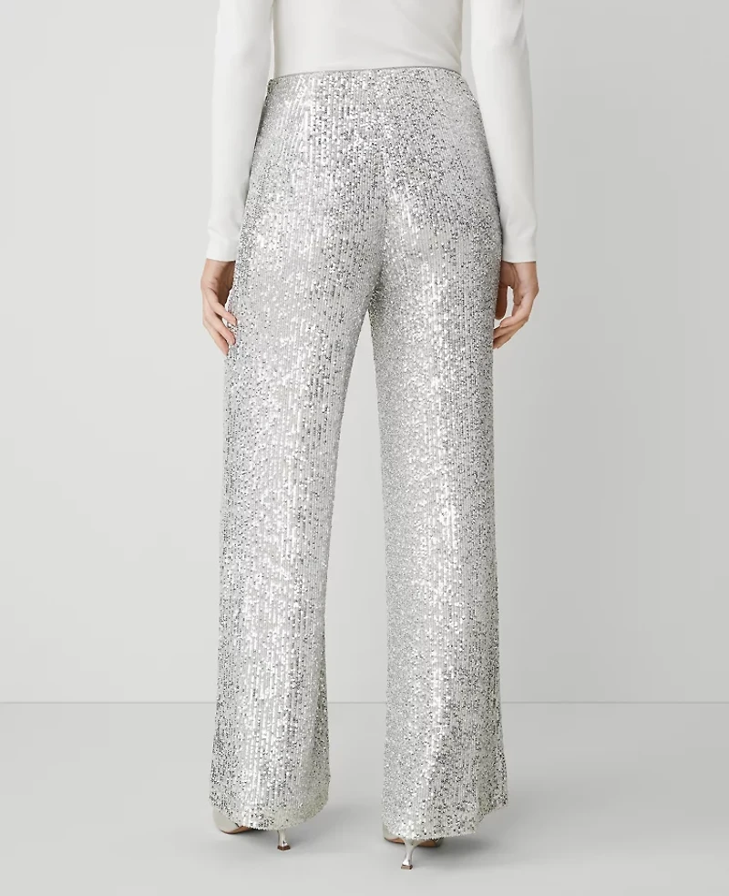 Ann Taylor The Wide-Leg Pant in Sequin Size 0 Silver Spark Women's