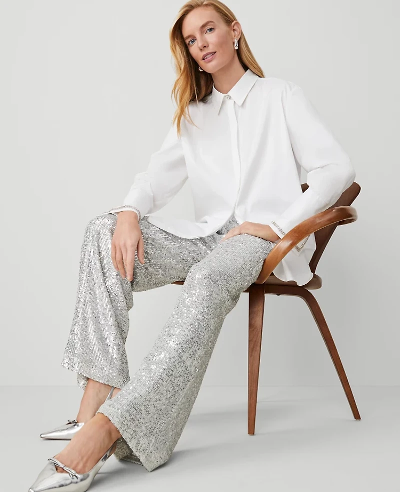 Ann Taylor The Wide-Leg Pant in Sequin Size 0 Silver Spark Women's